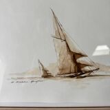 Marine watercolor of Honfleur by Francis Kuhlen, mid-20th century