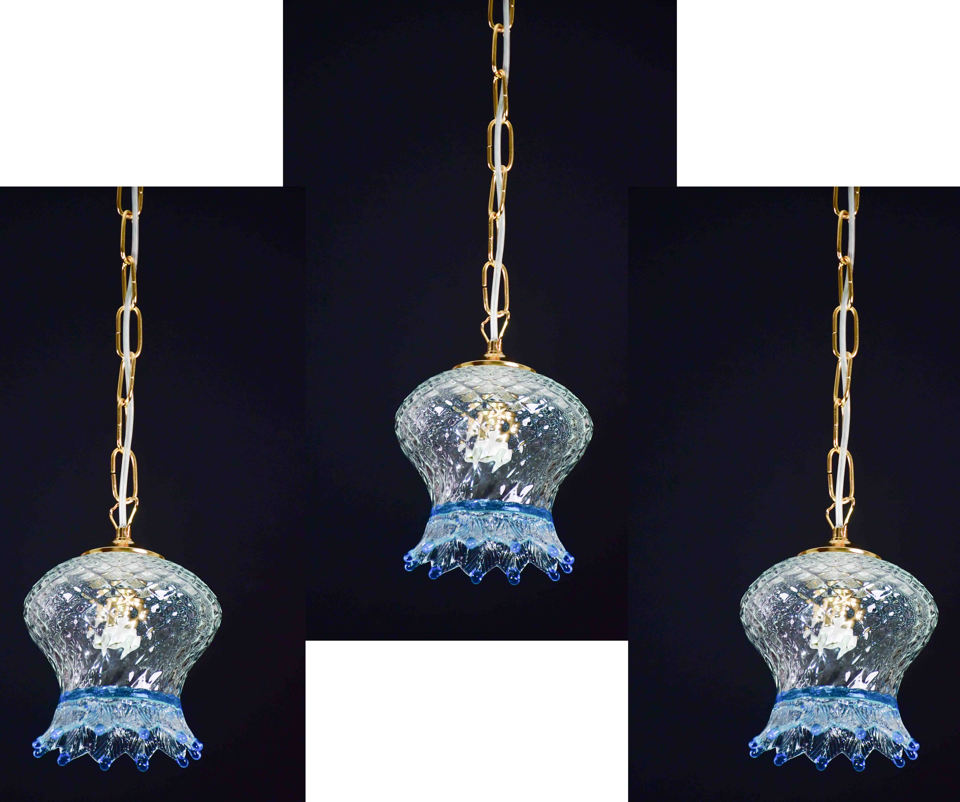 Set of 3 Murano blue glass pendant lights