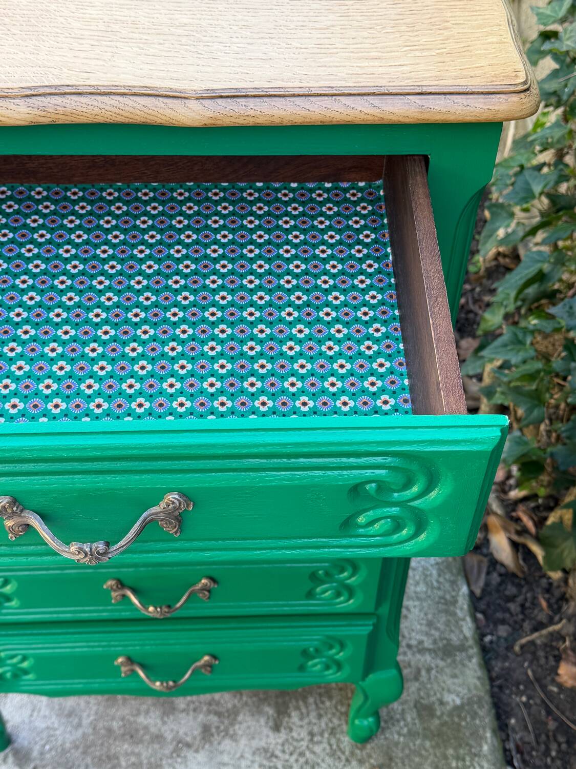 Vintage green oak chest of drawers from the 1960s.
