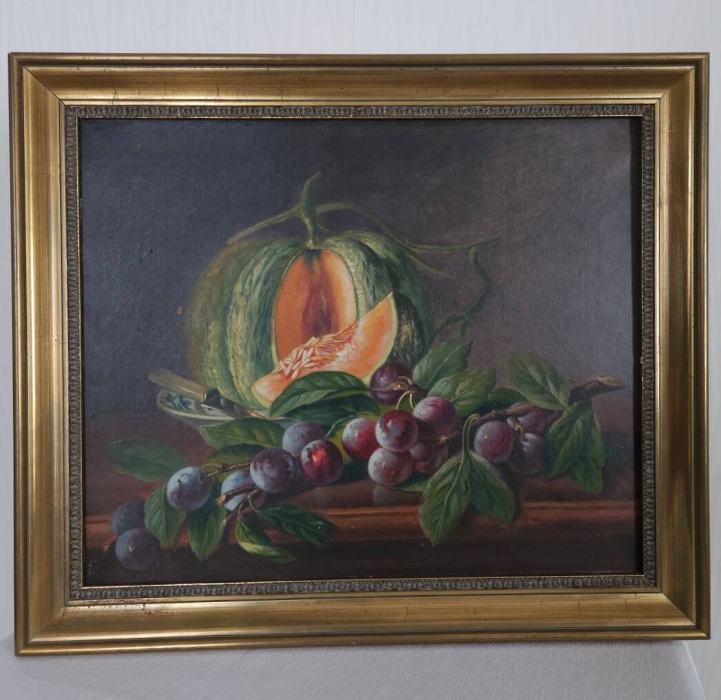 Still life, oil on canvas, melon and grapes.