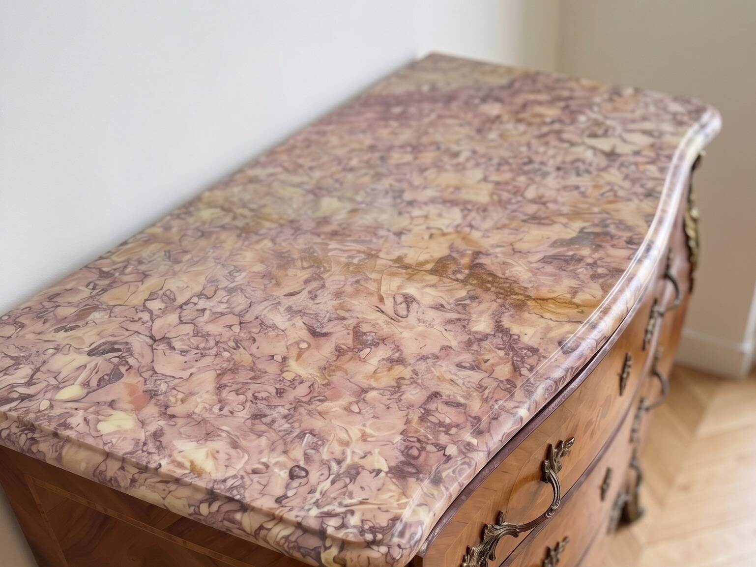 Louis XV style commode in marquetry and marble