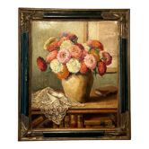 Old painting, still life with zinnias signed Marie Piat and dated 1934