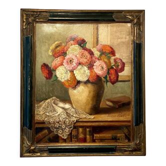 Old painting, still life with zinnias signed Marie Piat and dated 1934