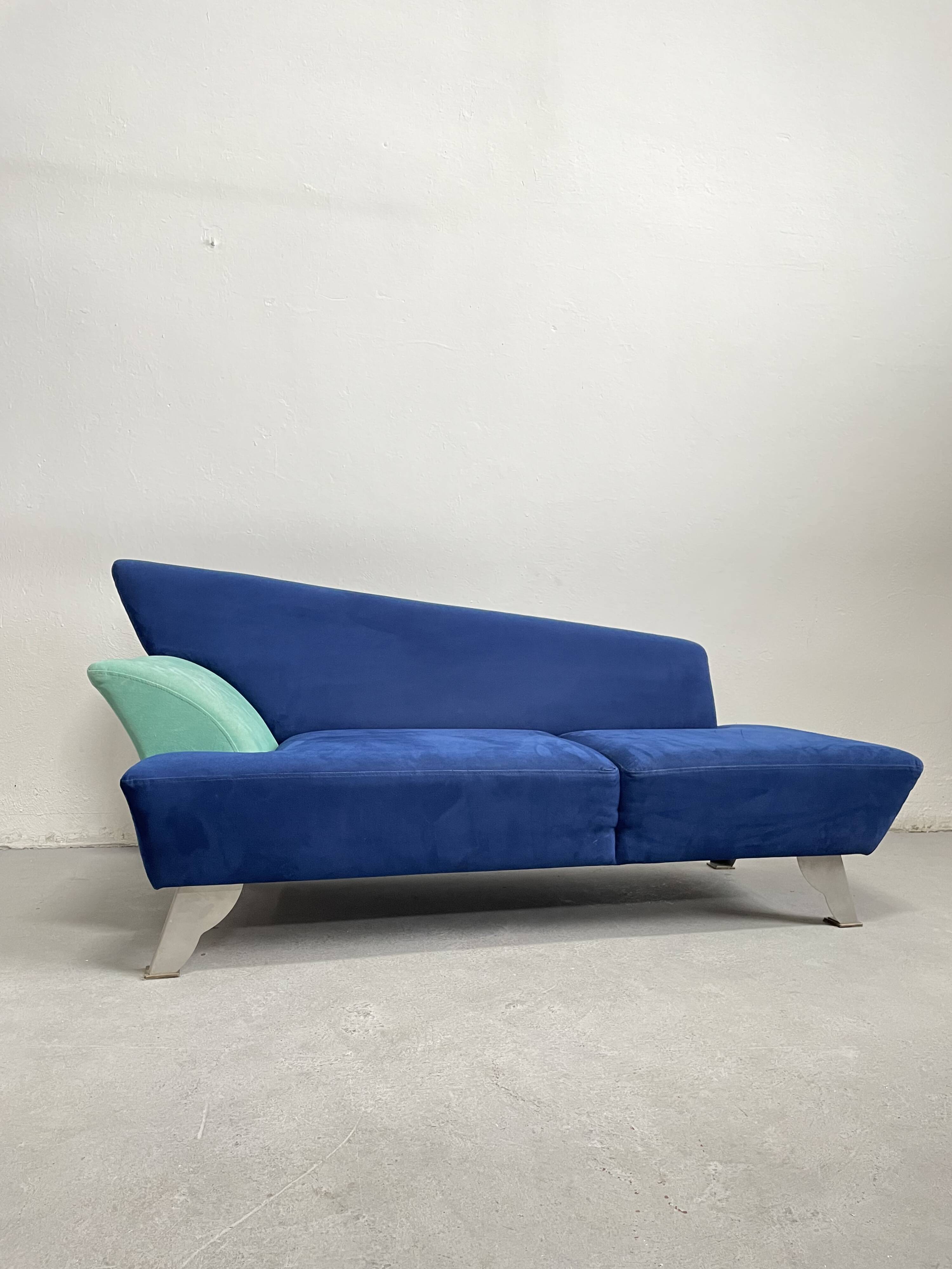 Memphis Style 2-Seat Sofa in Blue Microfibre Fabric, Postmodern 1980s Era