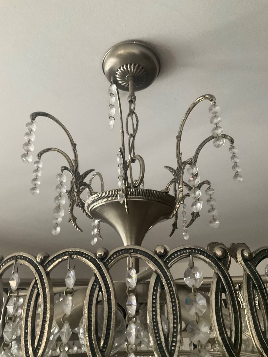 Cascading chandelier with crystal and silvered bronze pendants