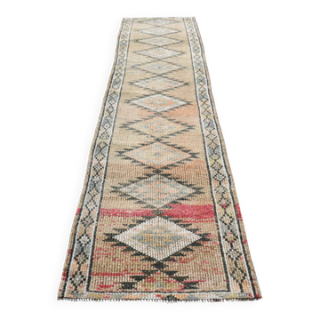 Tapis de couloir vintage beige à motifs géométriques anatoliens, 91x352 cm