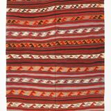 4x9 Red & Blue Turkish Kilim Rug, Living Room Rug, 133x272Cm Vintage Kilim