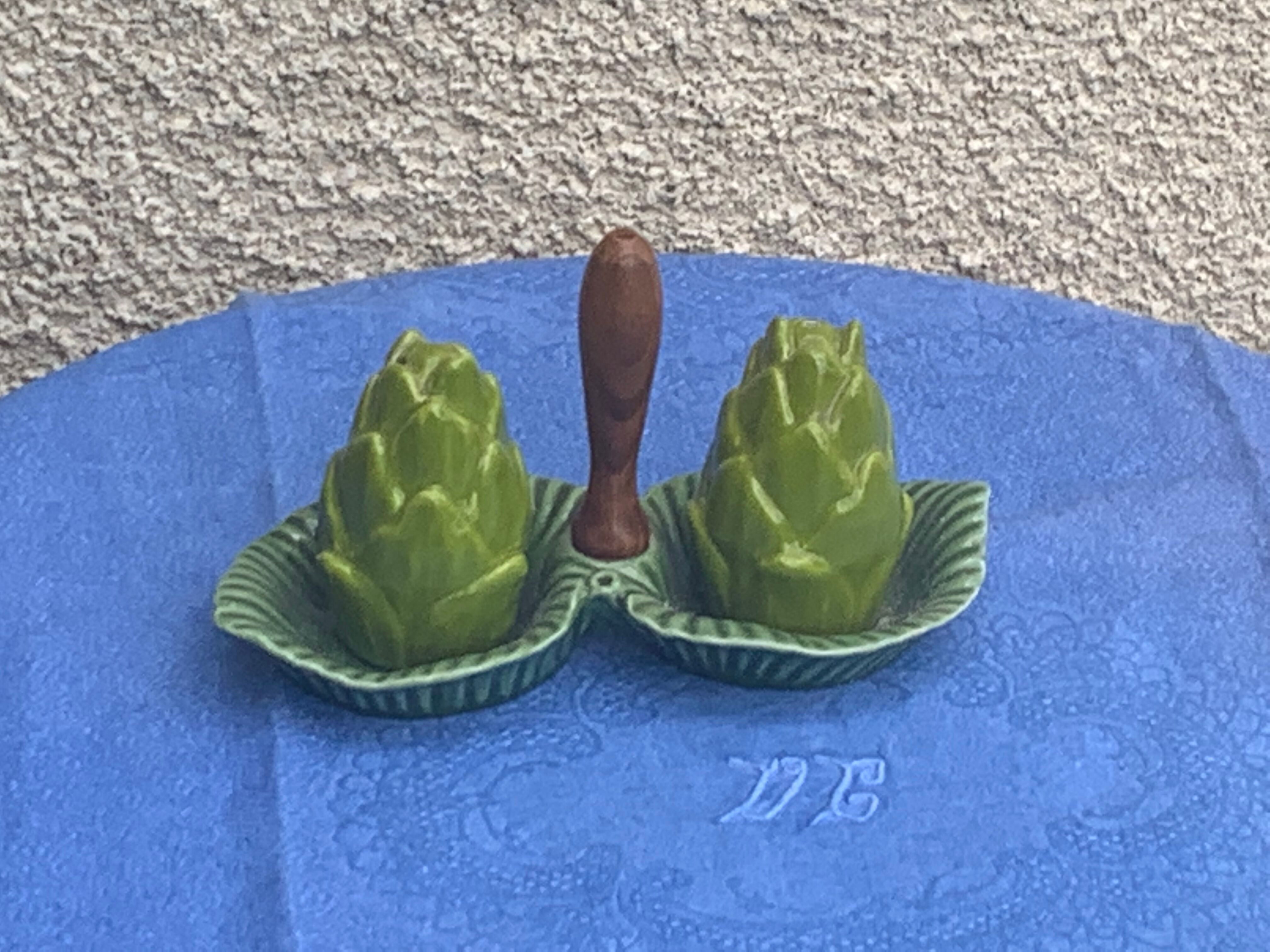 Vintage glazed ceramic barbotine artichoke shaped salt cellars