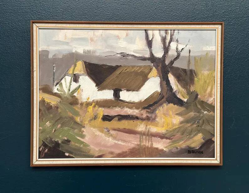 Original Swedish Oil on Canvas – "Farm" by Jörgen Bruun – Signed – Vintage and Framed – 41 × 31 cm (16.1" × 12.2")