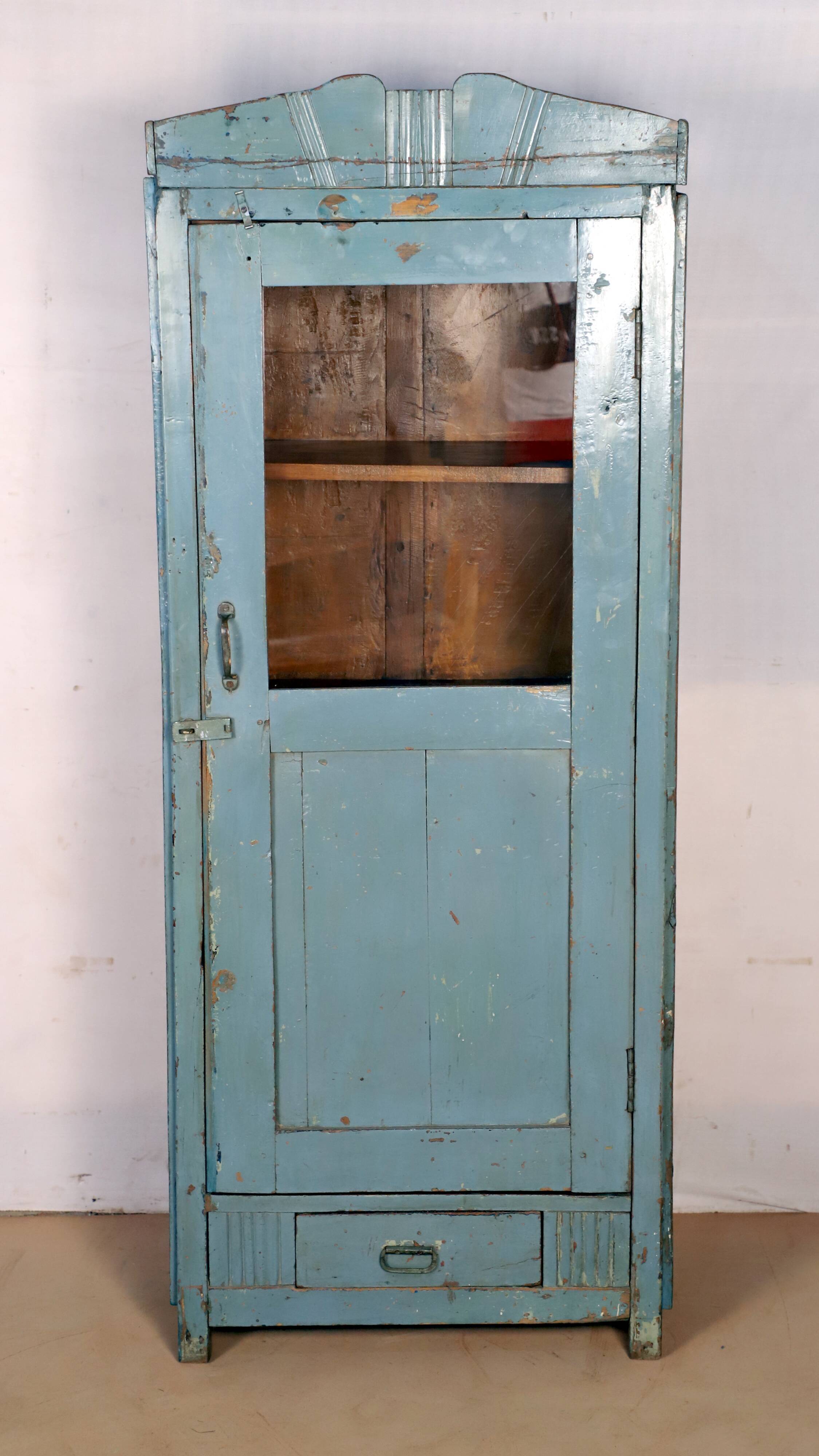 Burmese teak glass cabinet with original blue-gray patina