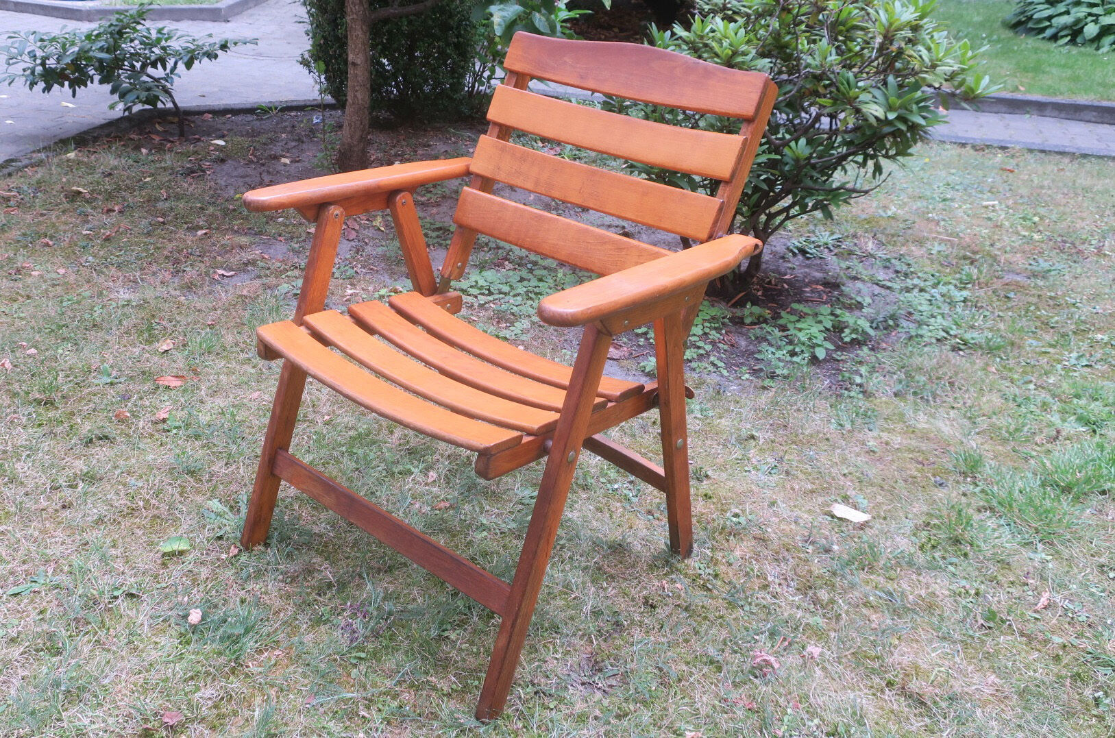 Mid century patinated wood folding garden or patio elbow chair, 1960s