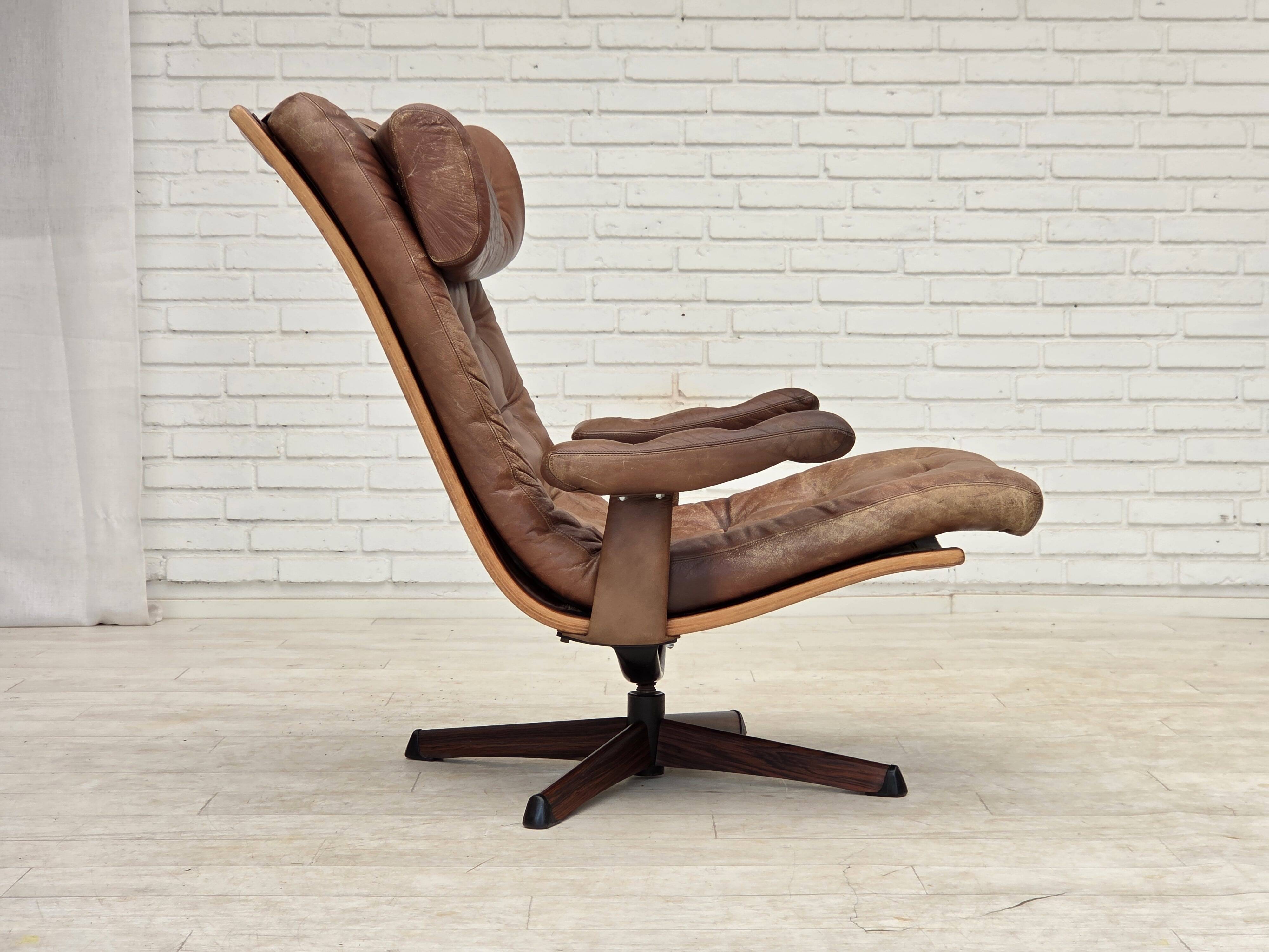 1960s, Scandinavian swivel armchair, brown furniture leather.