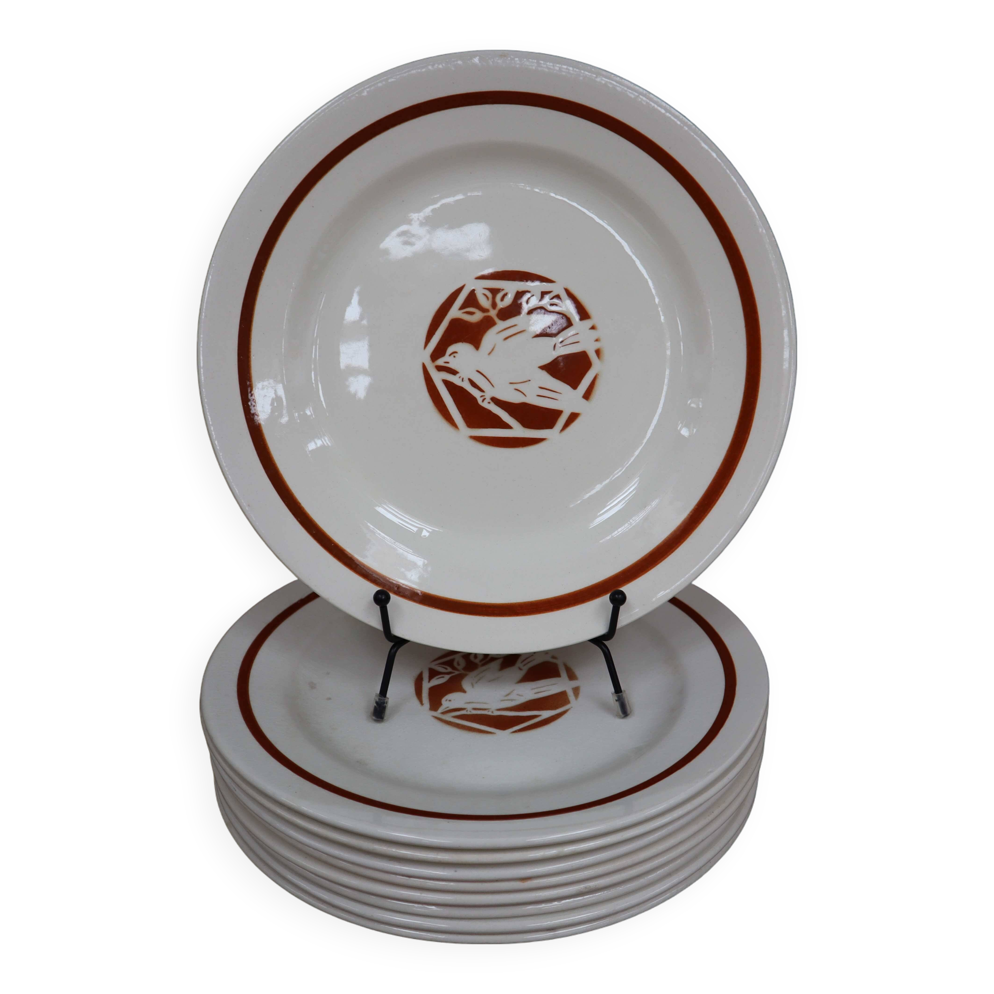 Set of 9 flat iron earth plates Salins "Colibri" France