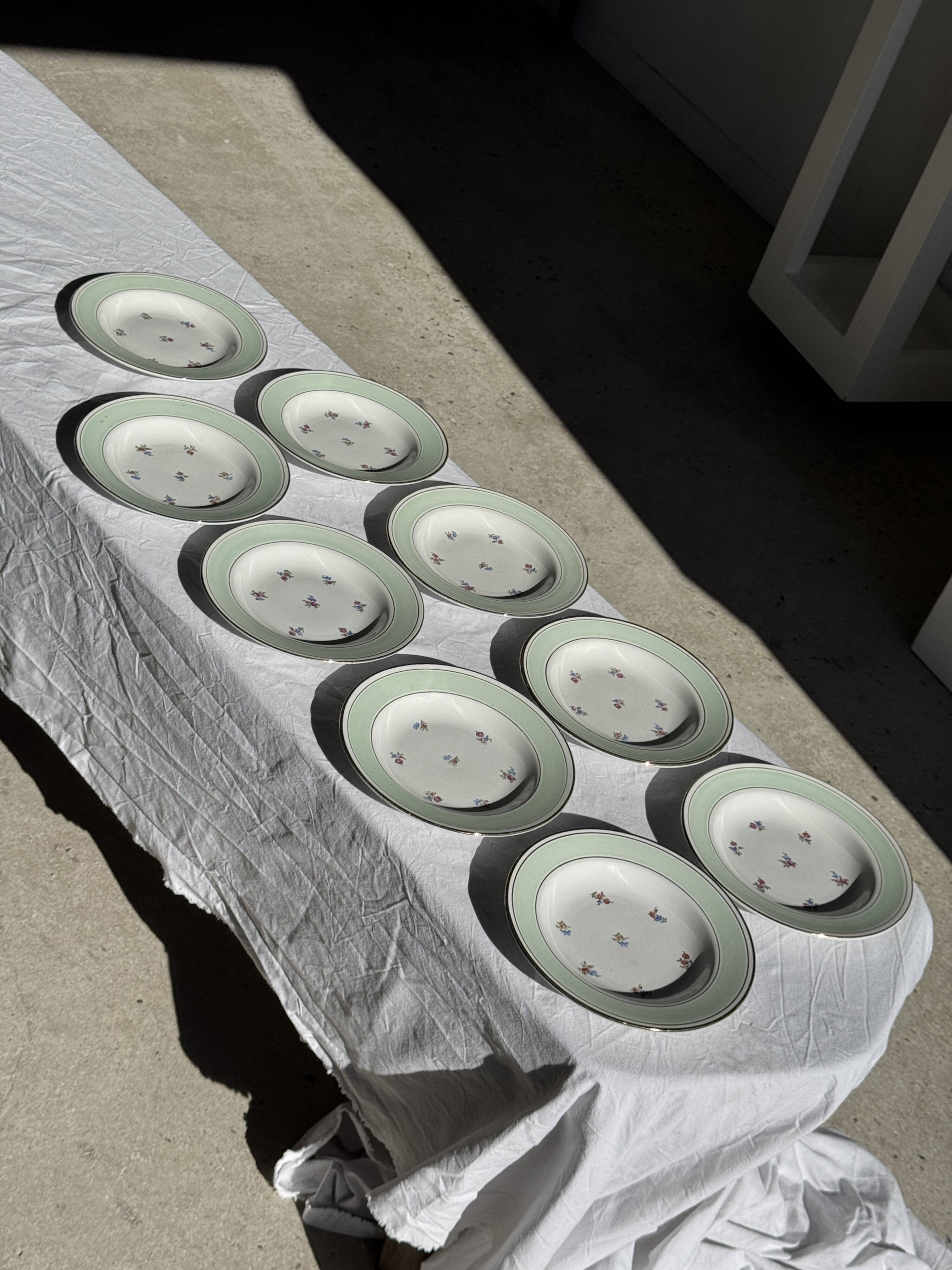 Set of 9 vintage turquoise deep plates with gold trim and pink flowers.