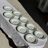 Set of 9 vintage turquoise deep plates with gold trim and pink flowers.