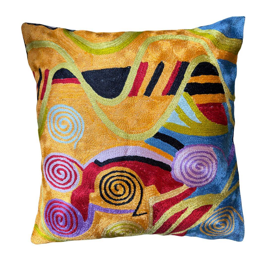 Housse de coussin brodée main en soie, art moderne, motif spirales