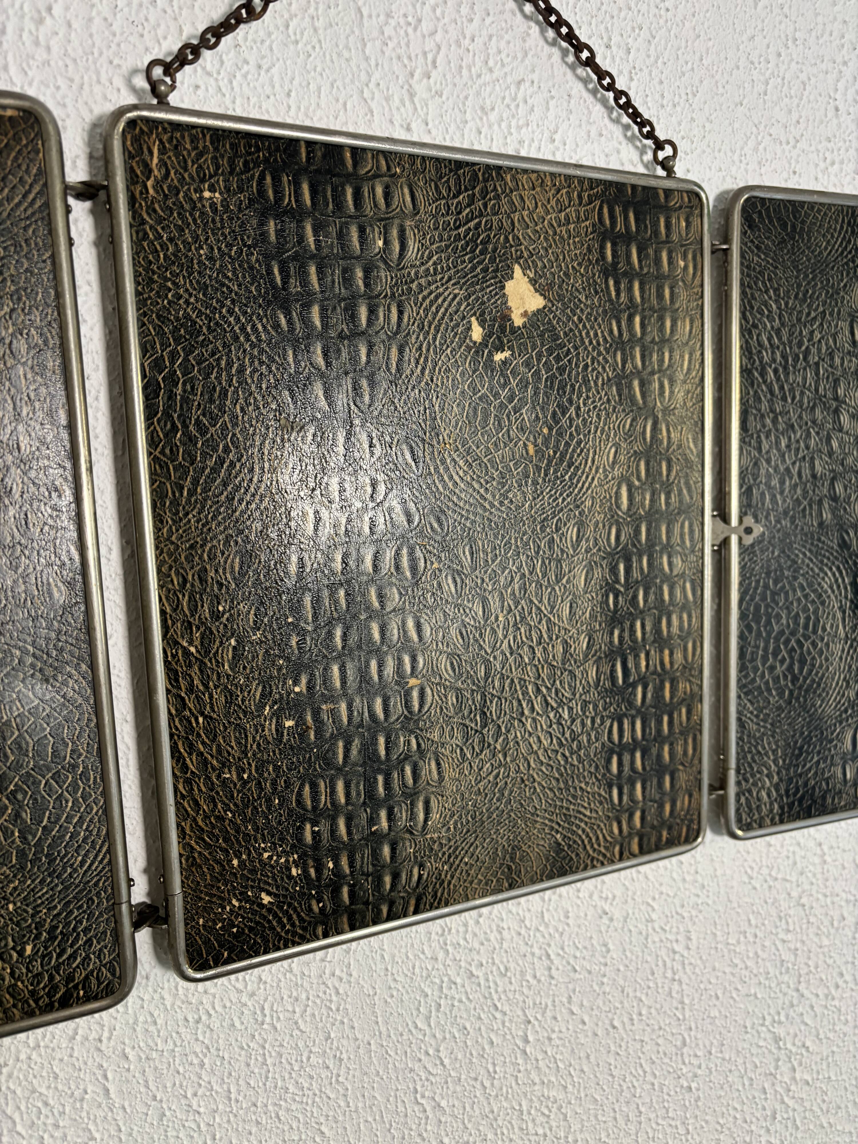 Vintage 1930s triptych barber mirror in black faux crocodile leather - 33 x 84 cm