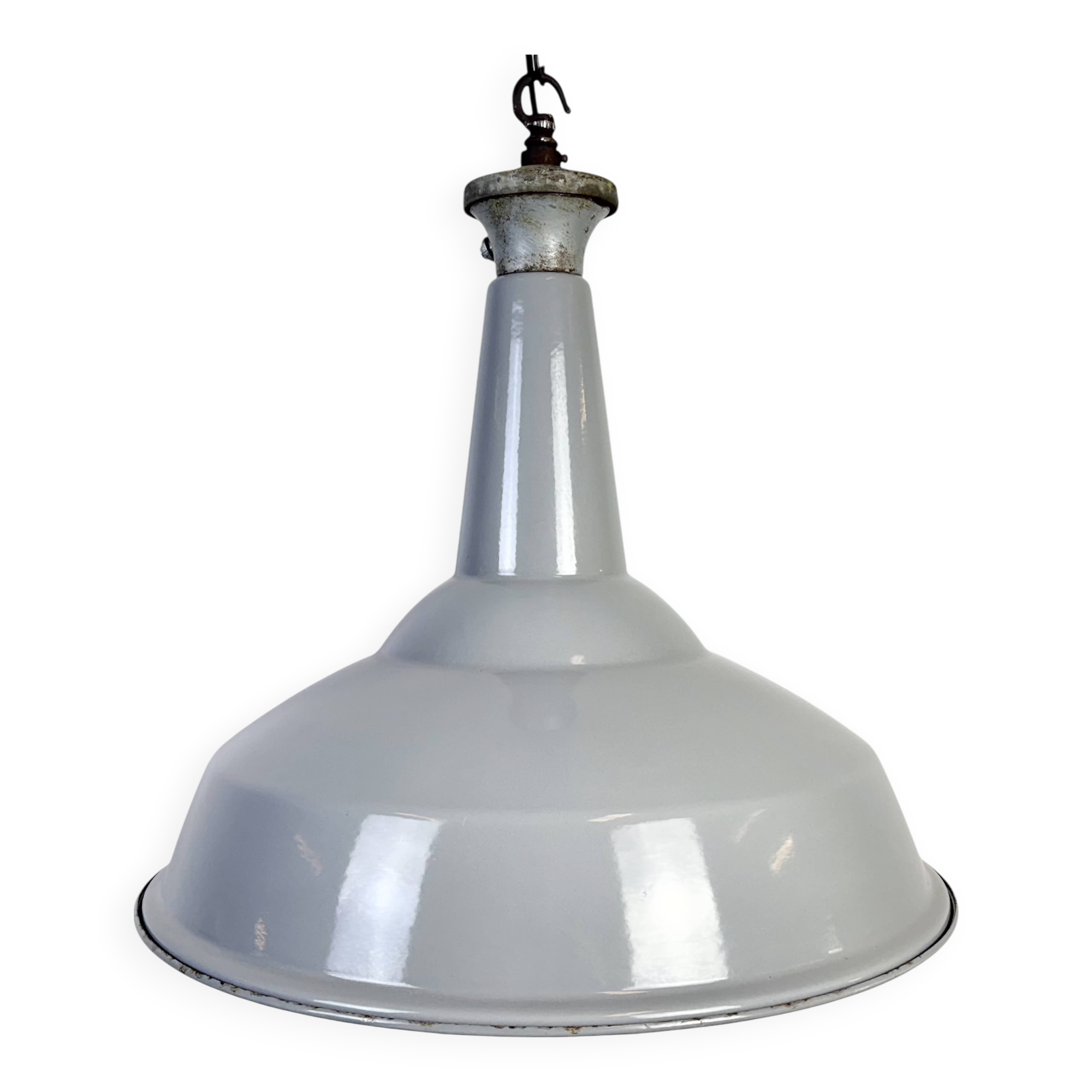 Large Industrial British Grey Enamel Factory Pendant Lamp from Benjamin, 19