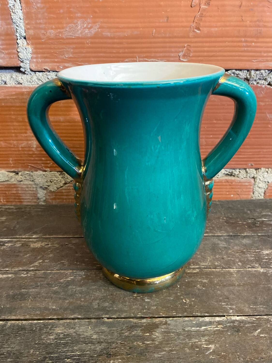 Vintage Green & Gold Ceramic ARC Vase Made in France #D777