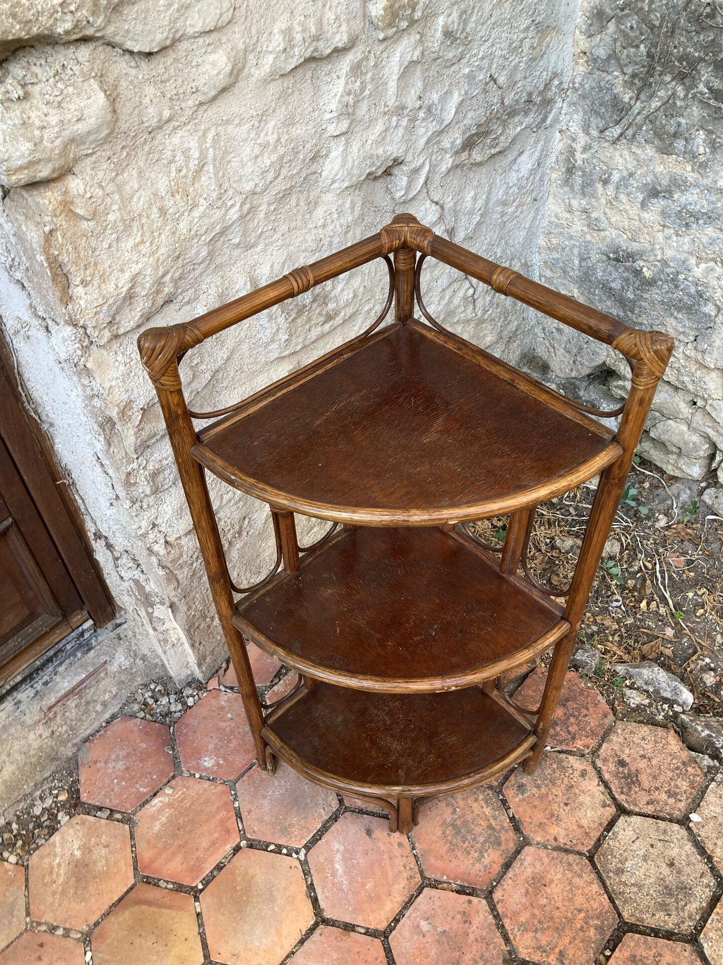 Vintage rattan corner shelf