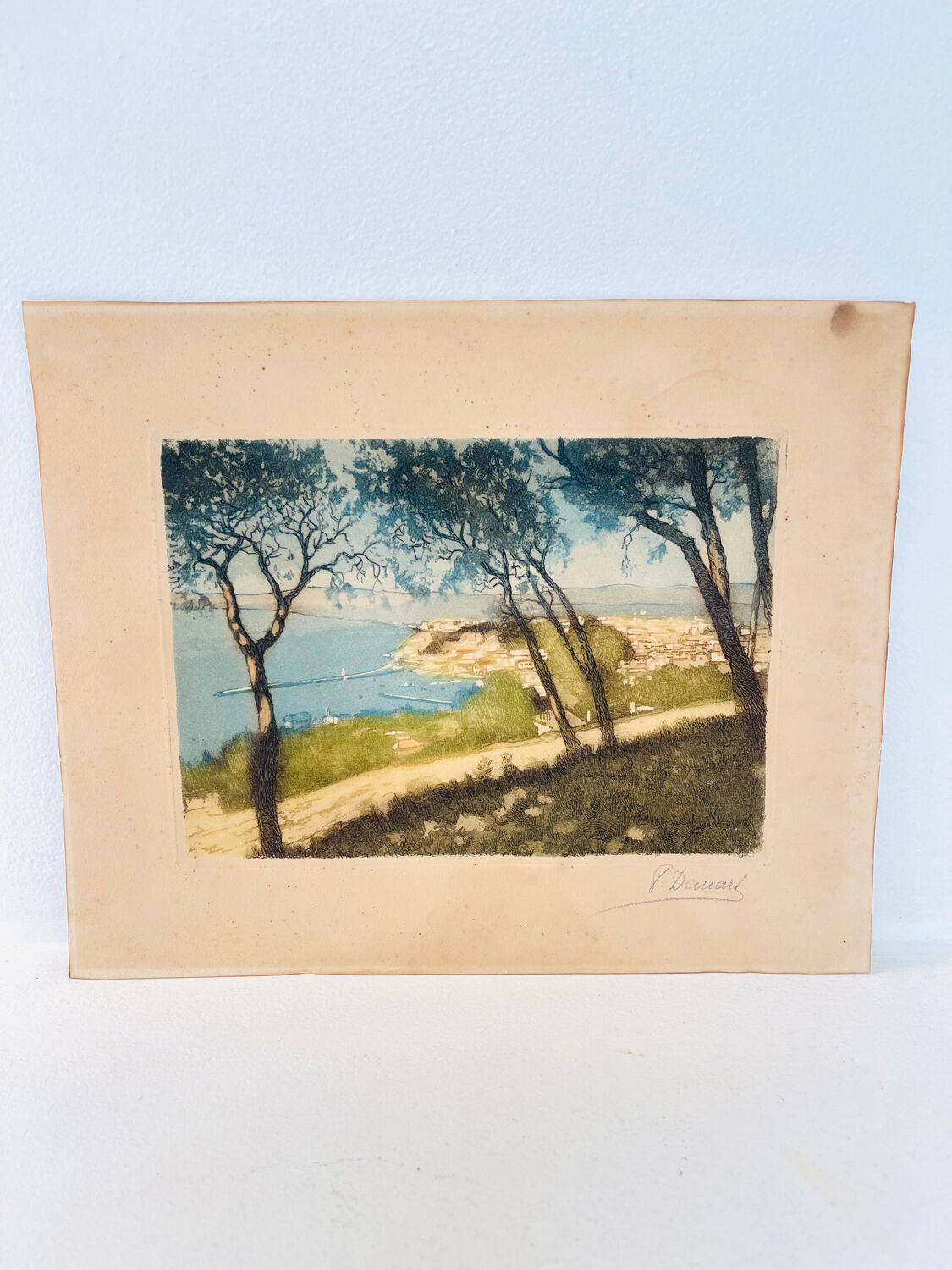 Old colour-enhanced etching – Mediterranean view from