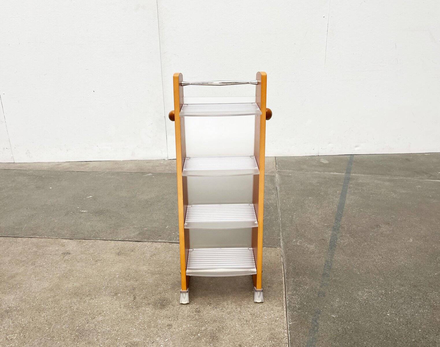 Postmodern CD storage unit in wood, metal, and plastic by Ezech, 1980s.