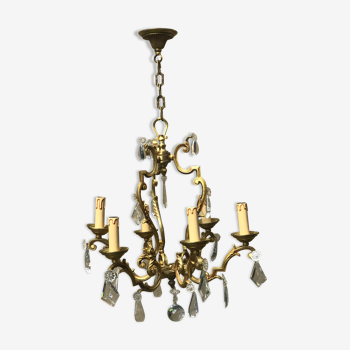 Lustre cage en bronze avec pampilles ,6 lampes