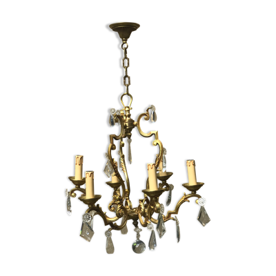 Lustre cage en bronze avec pampilles ,6 lampes