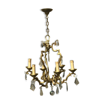 Lustre cage en bronze avec pampilles ,6 lampes