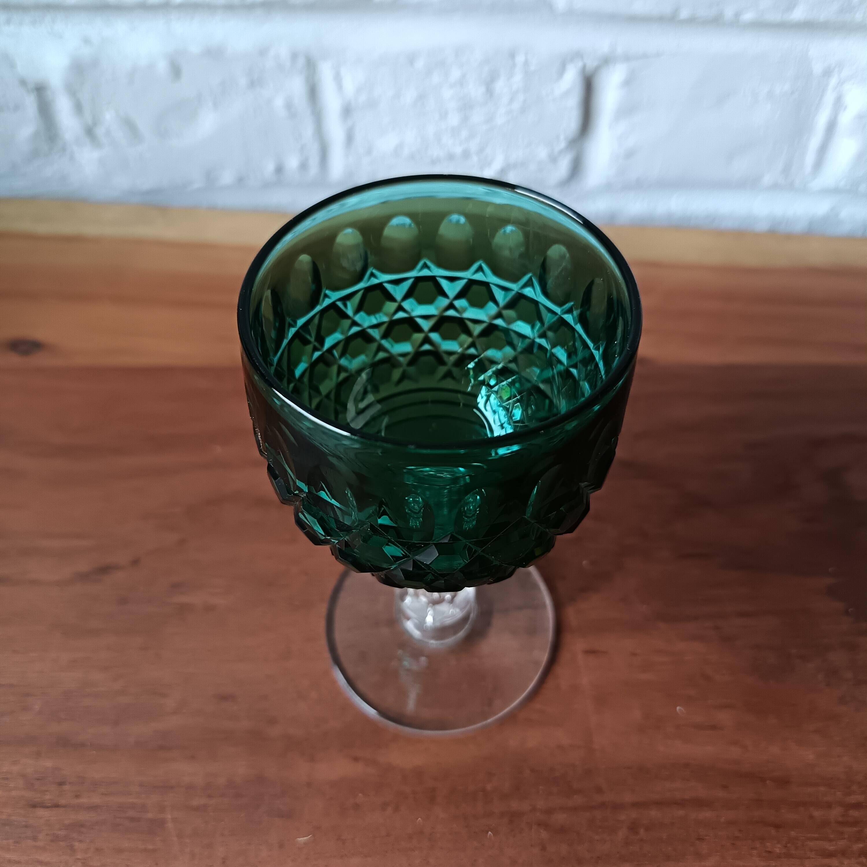 2 vintage cut glass coloured stemmed glasses