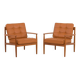 Rare Grete Jalk teak lounge chairs in aniline cognac leather for Cado