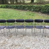6 vintage chairs in black skaï with chrome metal tubular base.