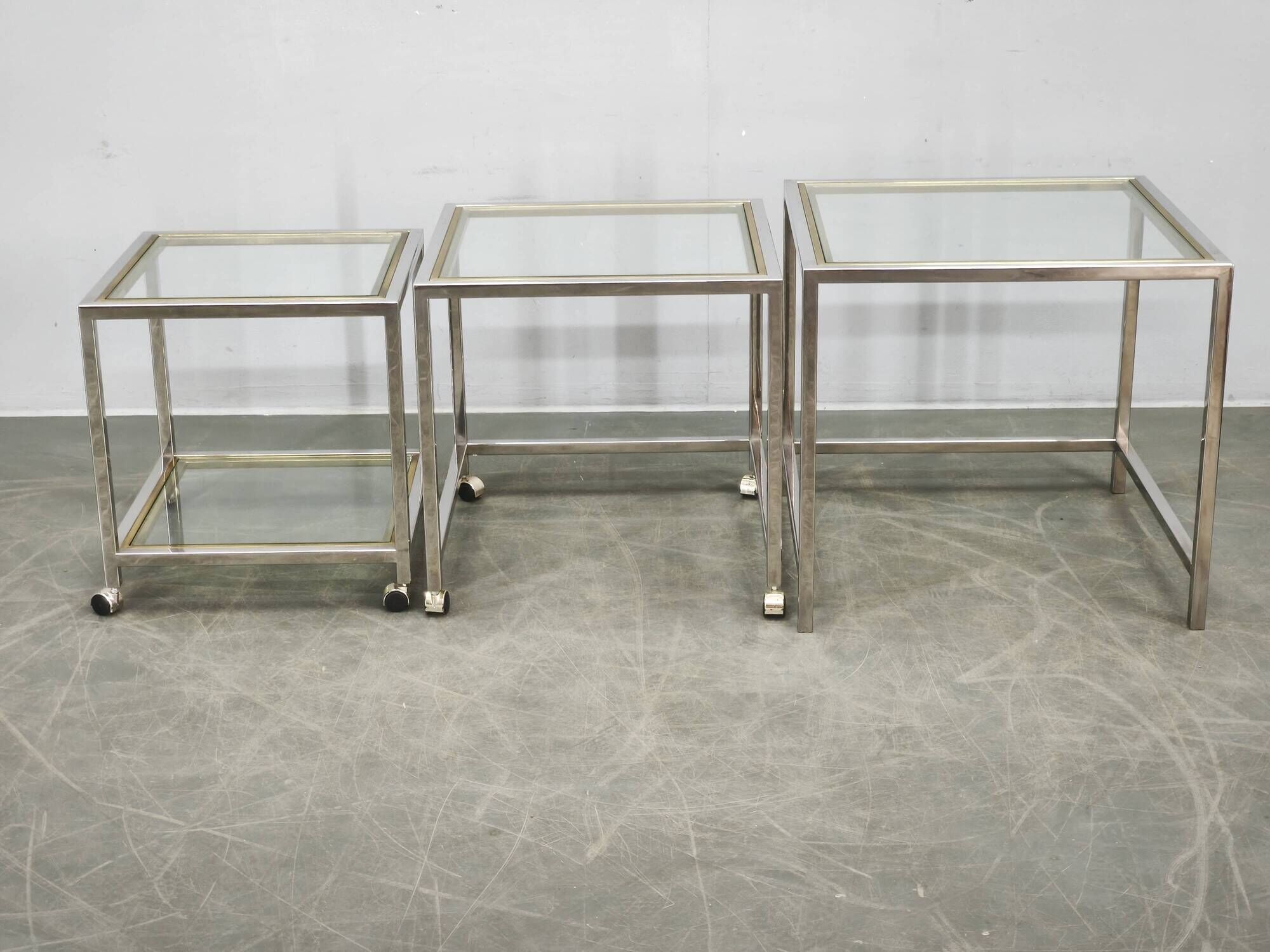 1970s Italian Chrome, Brass and Glass Nesting Tables, Set of Three