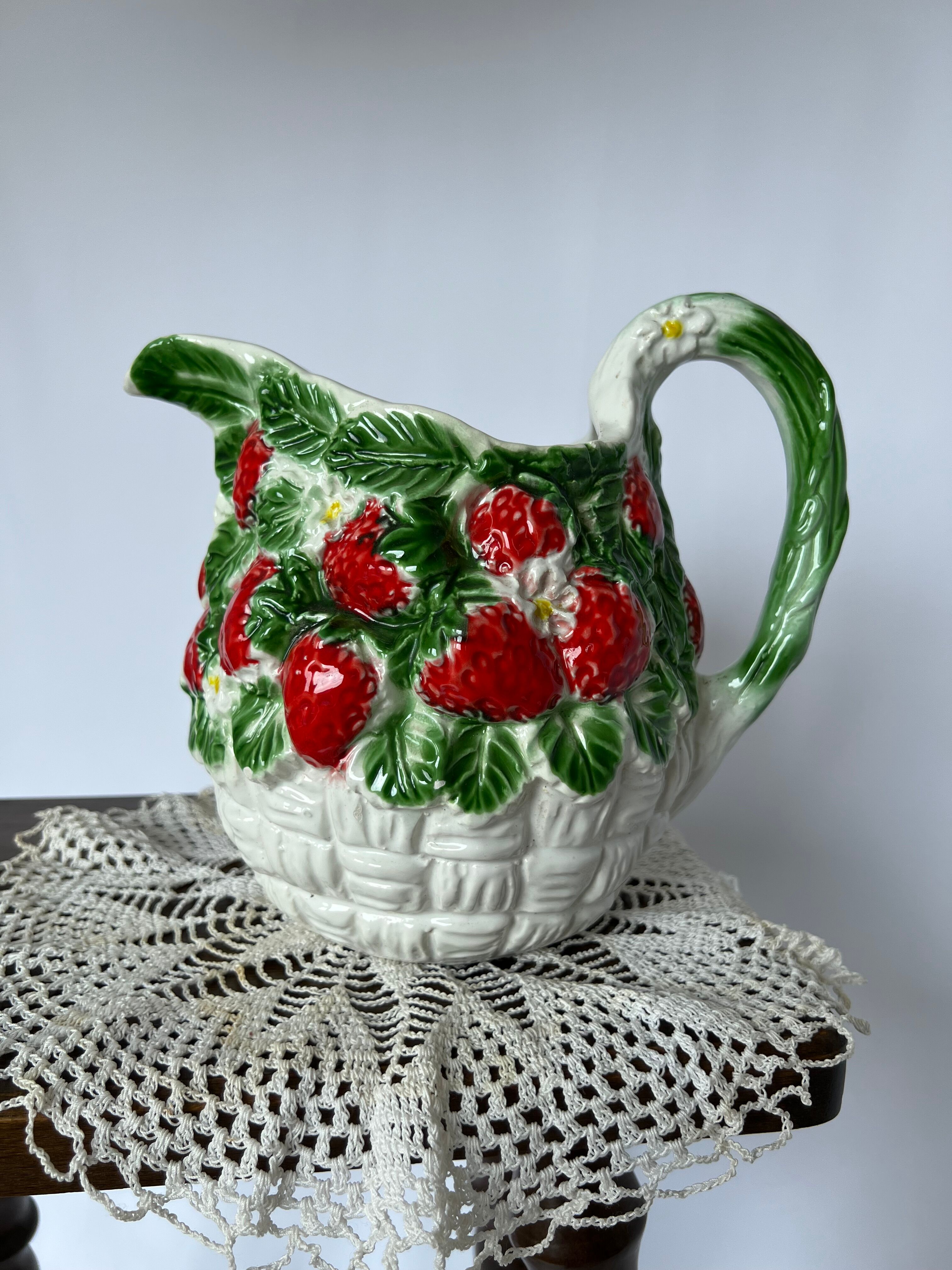 Pitcher carafe vintage slip pattern strawberries