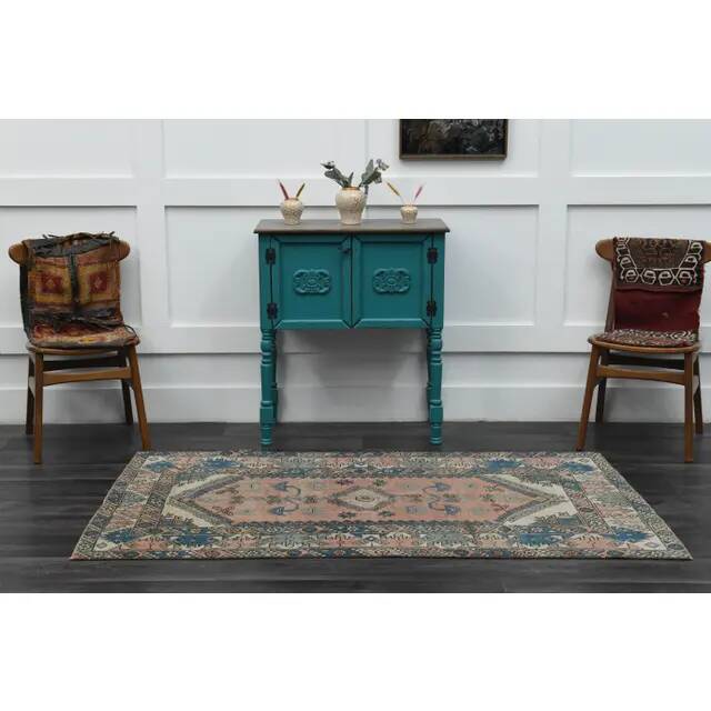 1970s Vintage Turkish Handmade Wool & Cotton Pink Area Rug