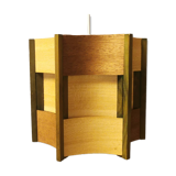 Older lamp in wood veneer, partially painted in green colour.