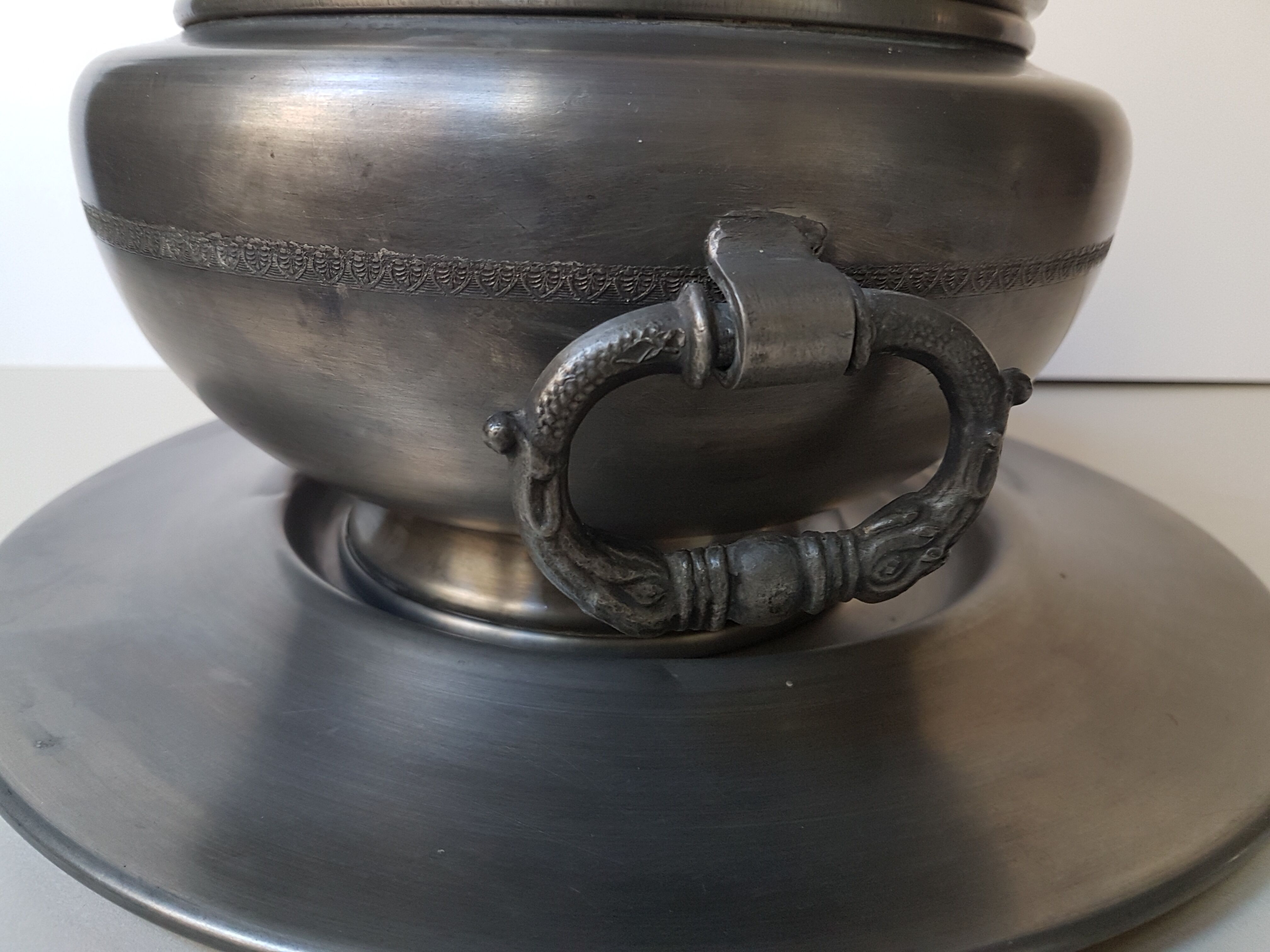 Soup tureen on a pewter serving dish