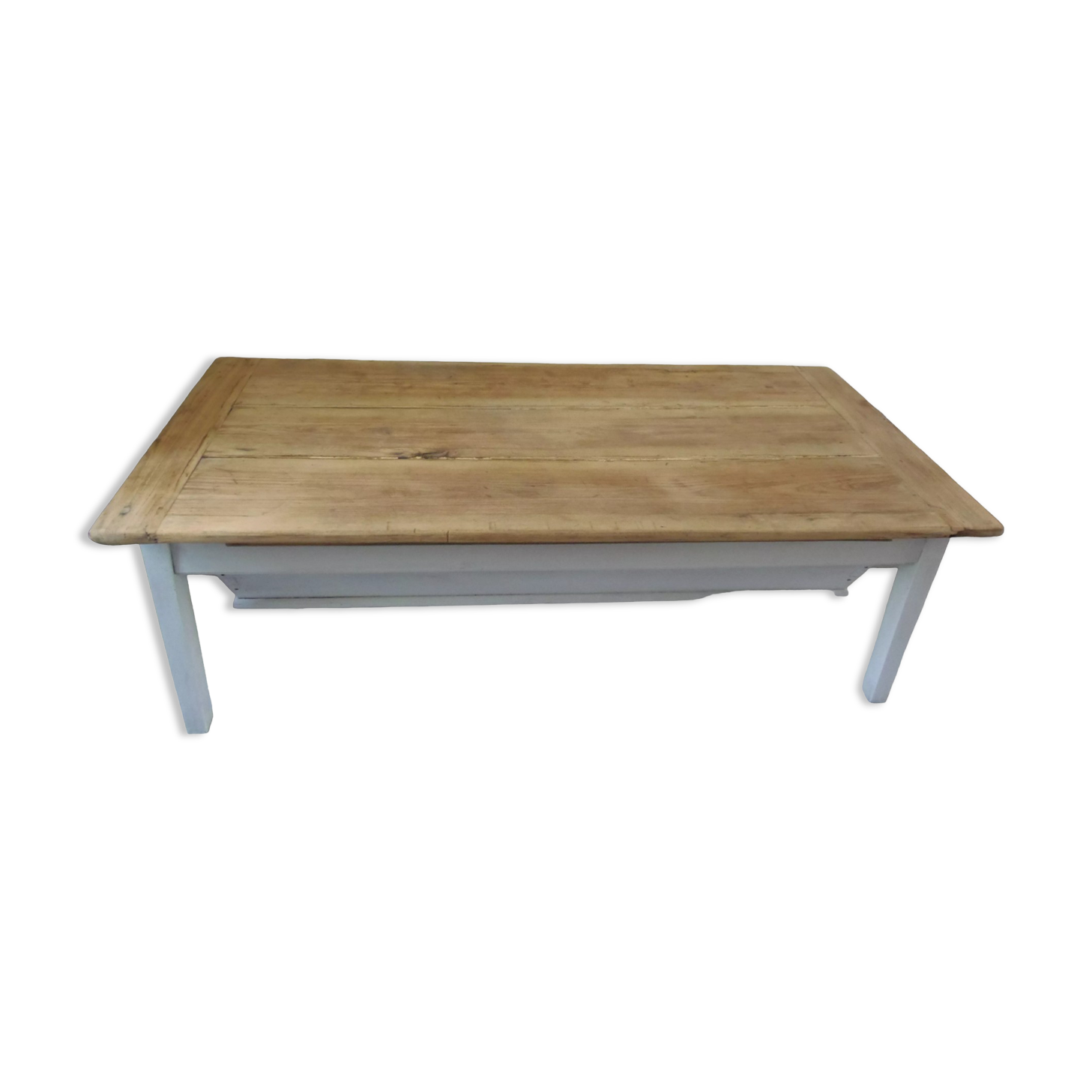 Coffee table made from an authentic farmhouse table, leg patinated pearl gray