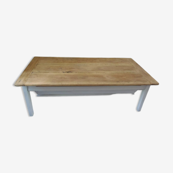 Coffee table made from an authentic farmhouse table, leg patinated pearl gray