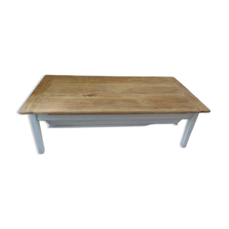 Coffee table made from an authentic farmhouse table, leg patinated pearl gray