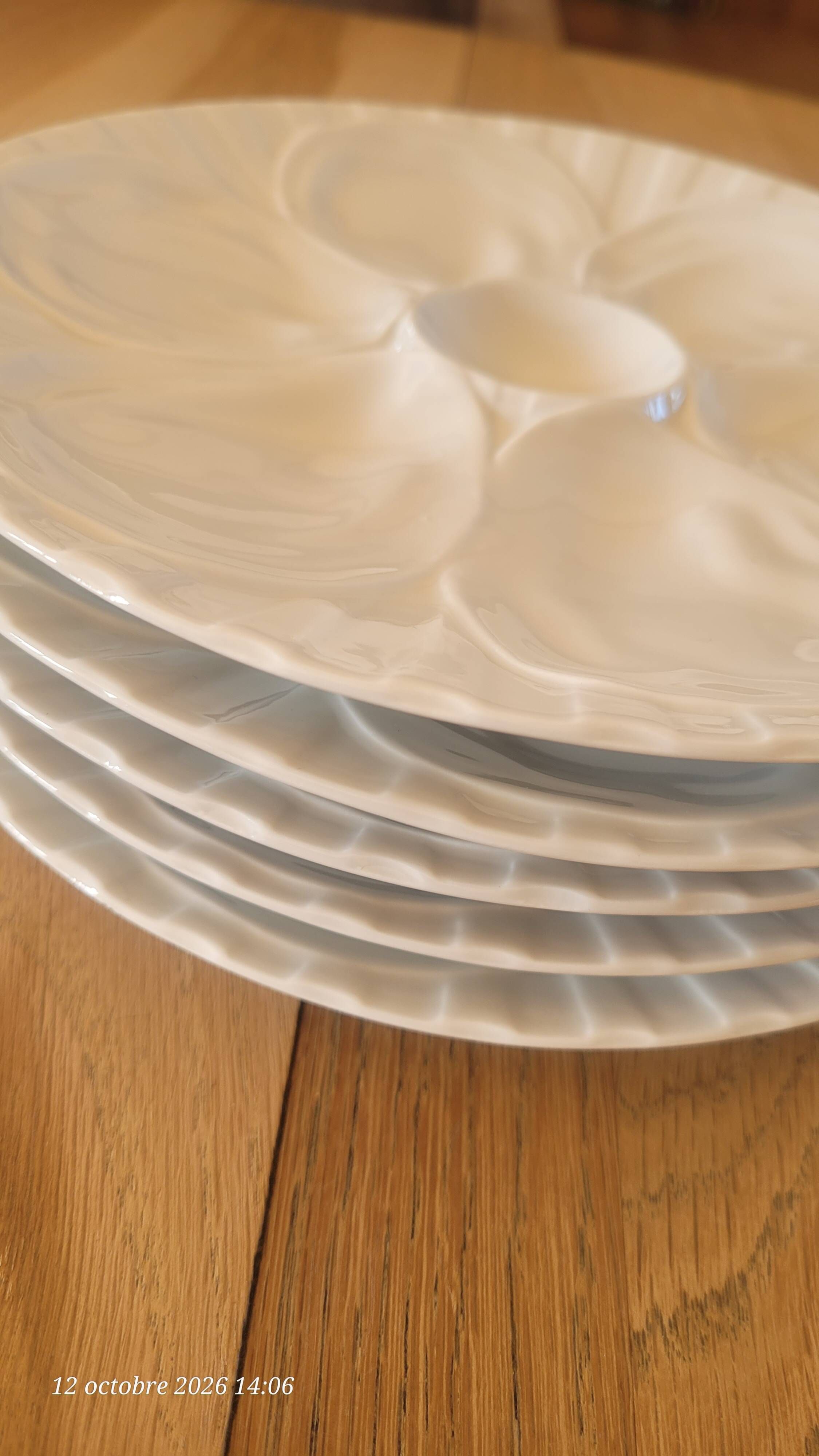 5 white porcelain oyster plates by Pillivuyt