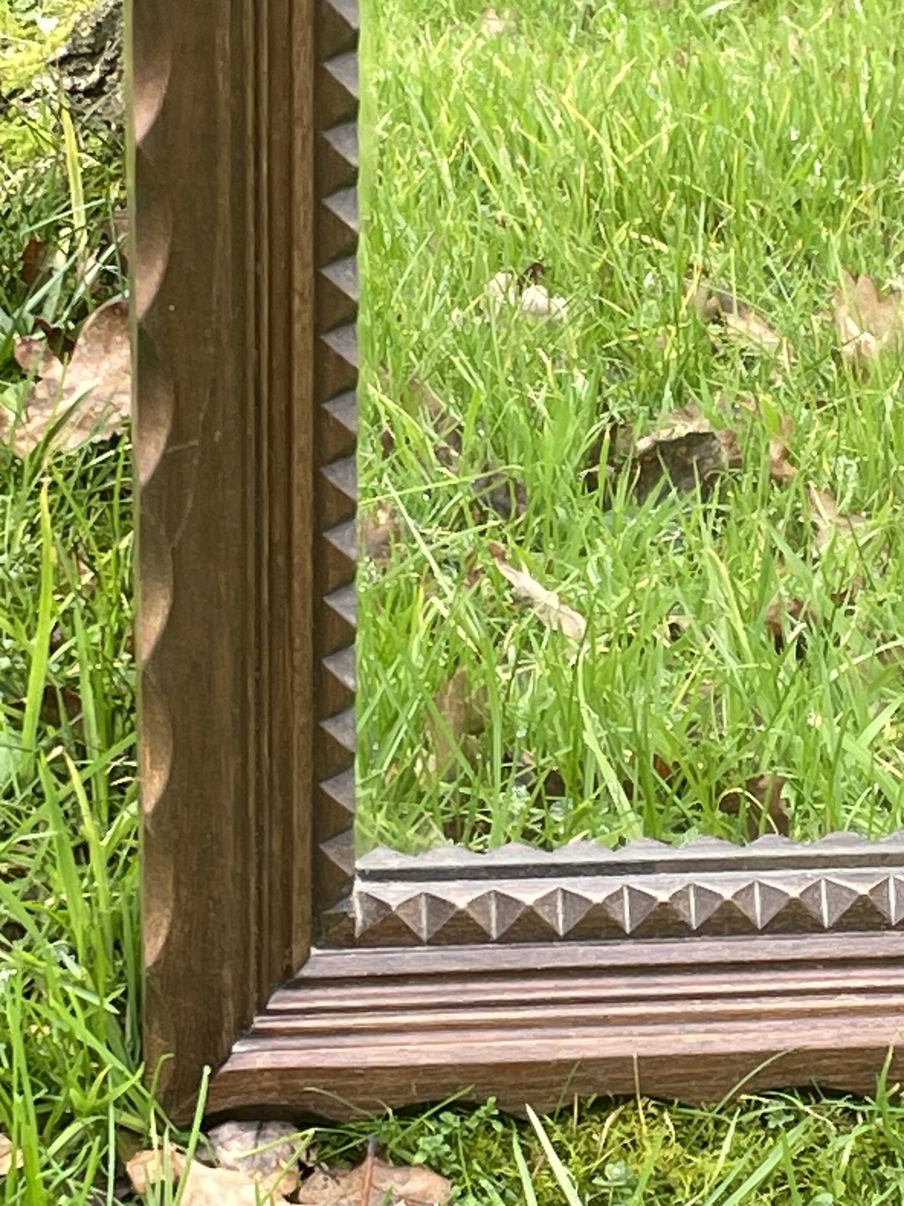 Rustic mirror called brutalist, molded carved natural wood