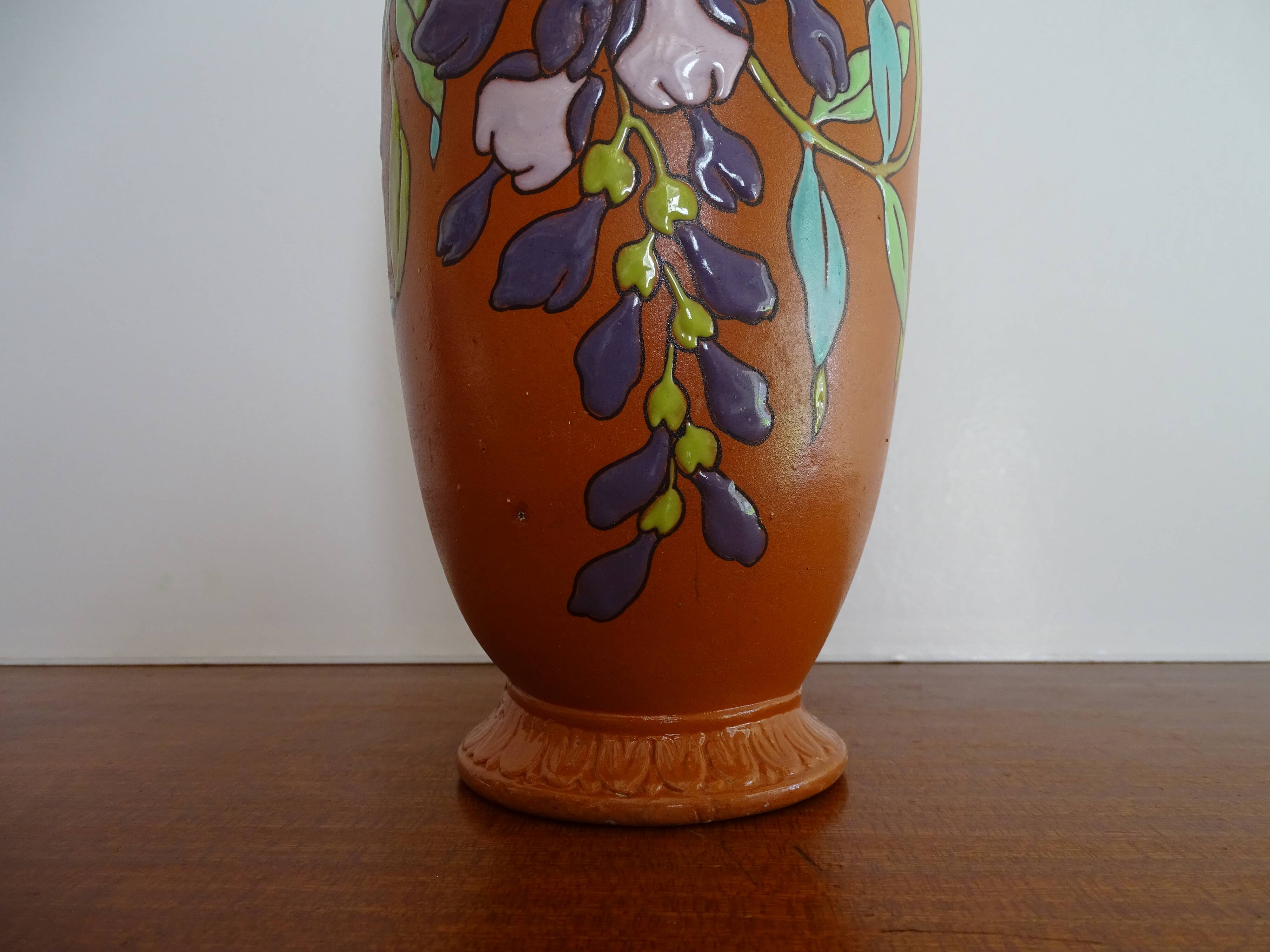 Old Lonchamp iron earth vase polychrome enamels floral decoration - Signed - 36 cm