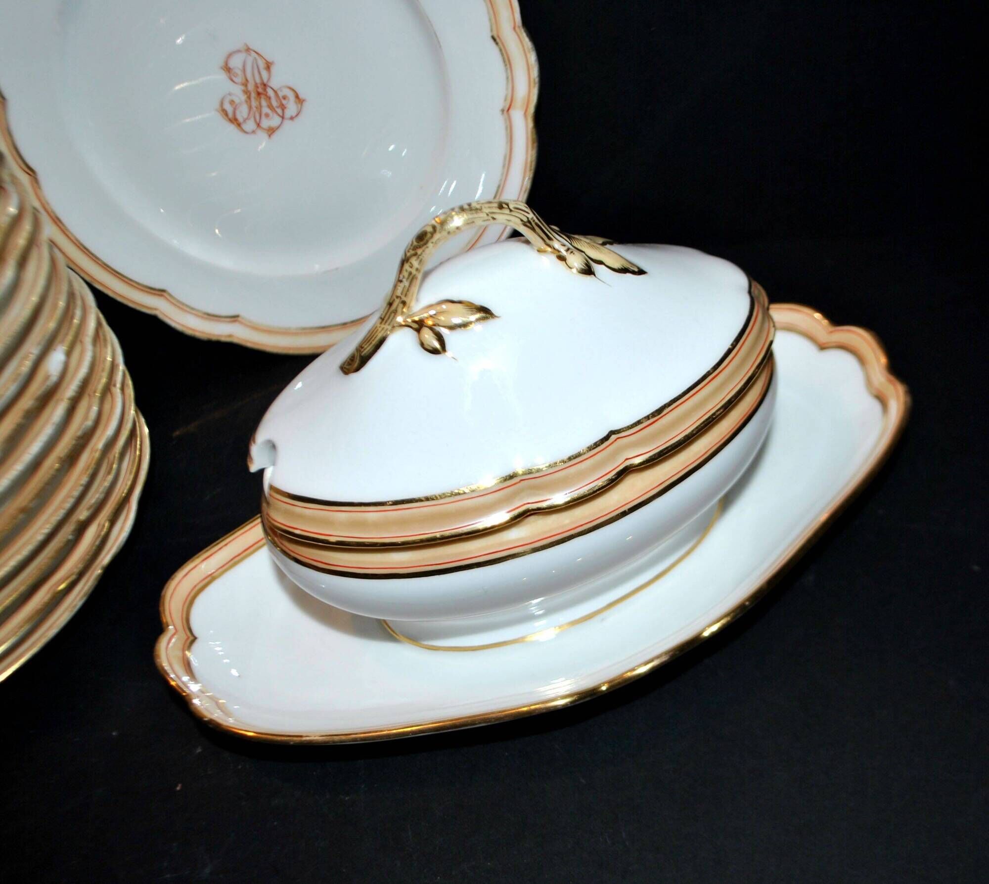 Paris porcelain set of 12 plates, dish and sauce boat, antique tableware with monogram BA.