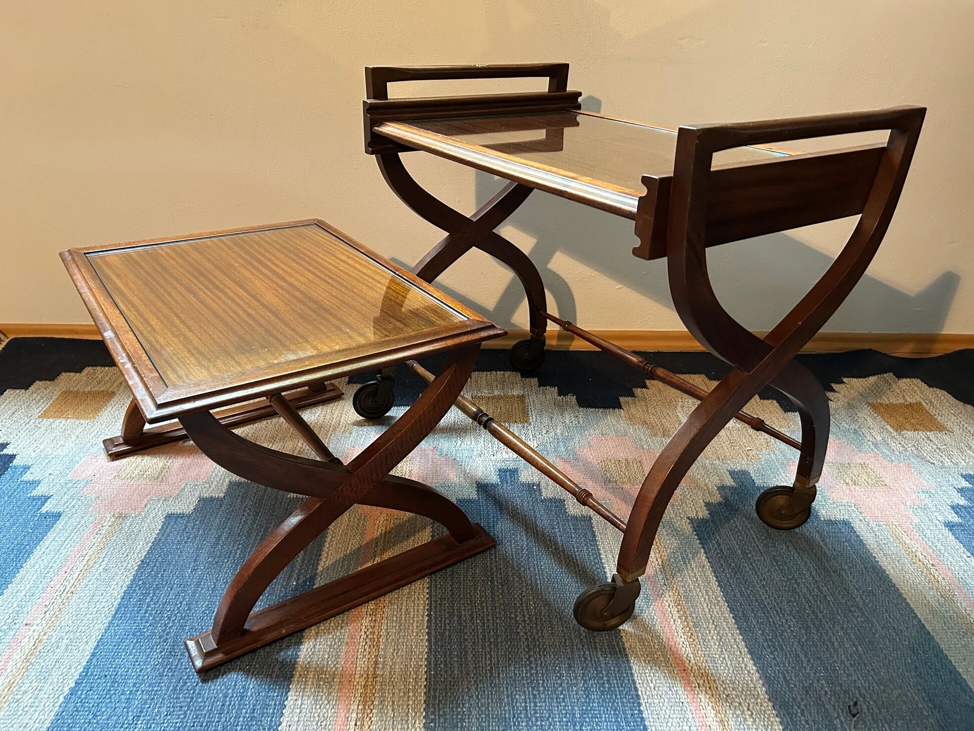 Teak service trolley with nesting table, mid-century modernism.