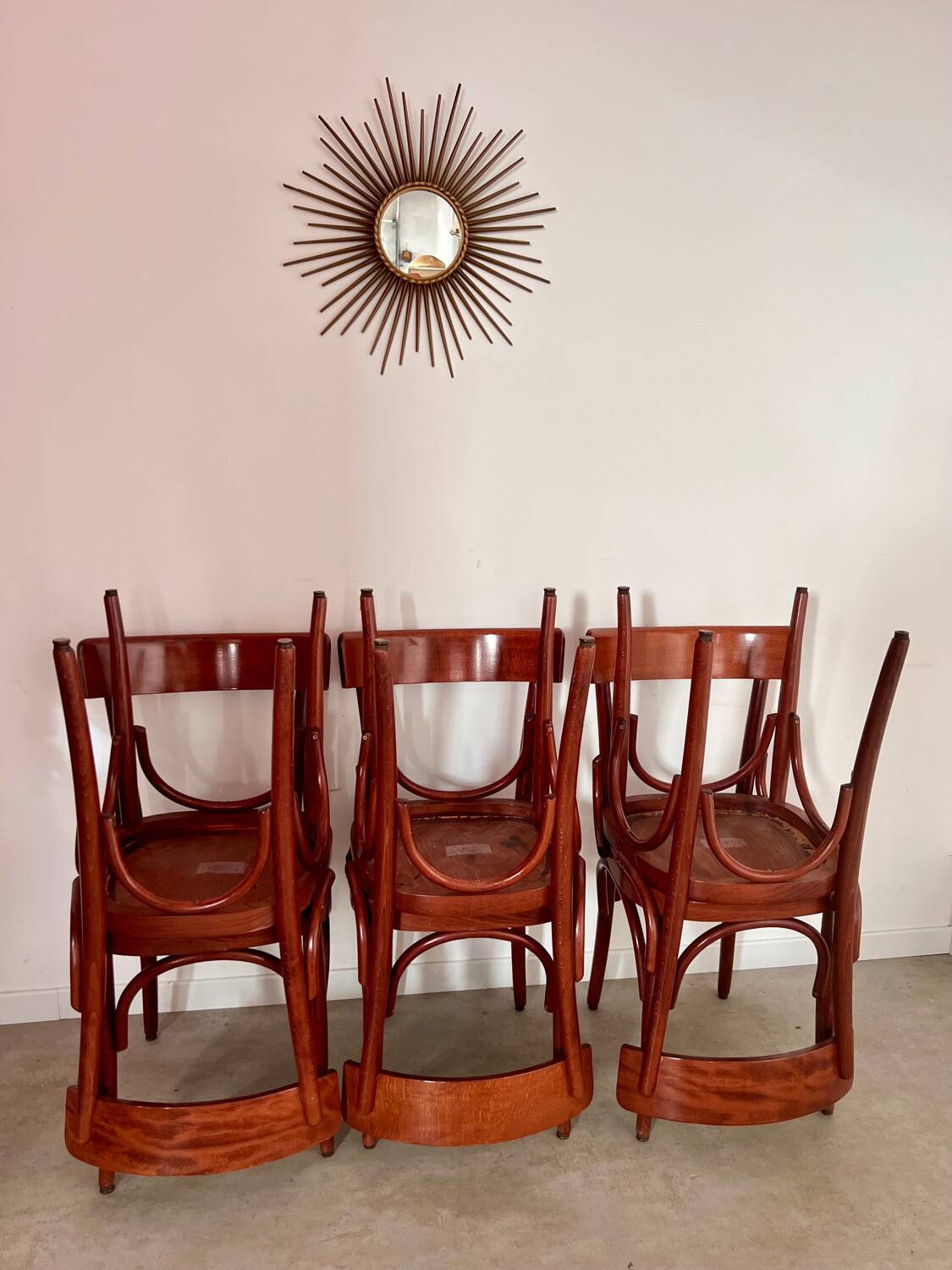 Set of 6 vintage 70s curved varnished wood bistro chairs