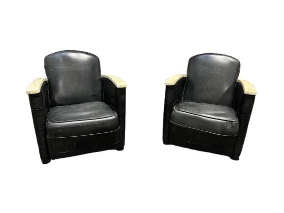 Pair of leather armchairs with marquetry armrests