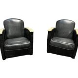Pair of leather armchairs with marquetry armrests