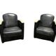 Pair of leather armchairs with marquetry armrests