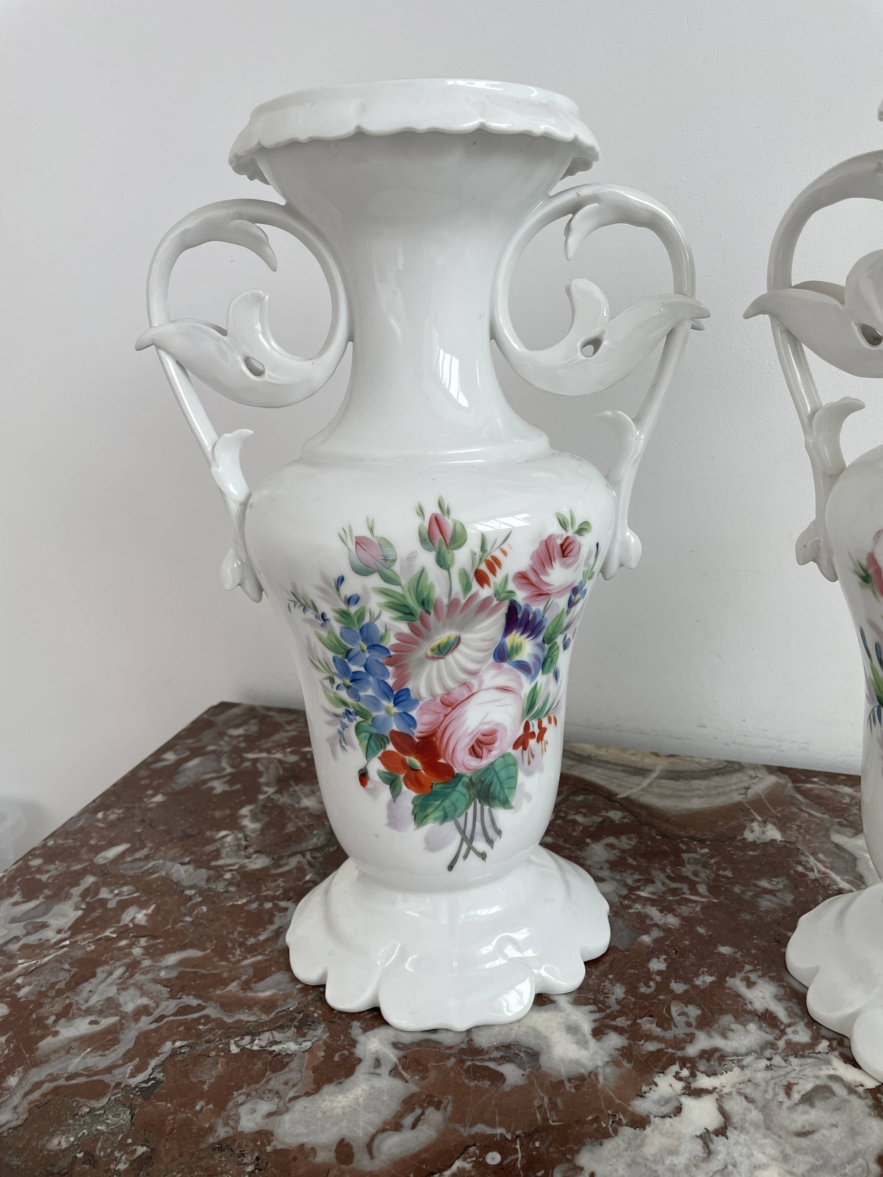 Pair of large 19th century church vases in painted white Paris porcelain